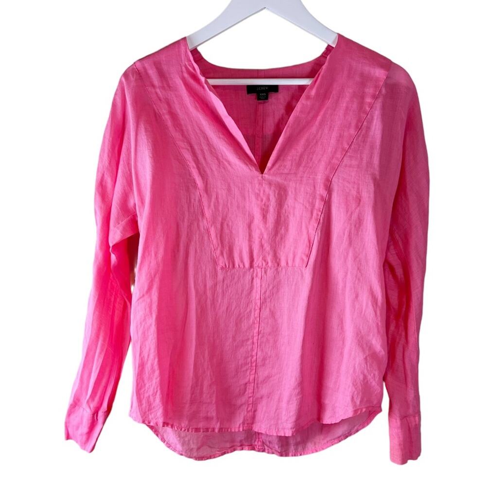 J Crew Pink Long Sleeve V Neck Ramie Tunic Blouse Shirt‎ Top XXS BI485 SU22